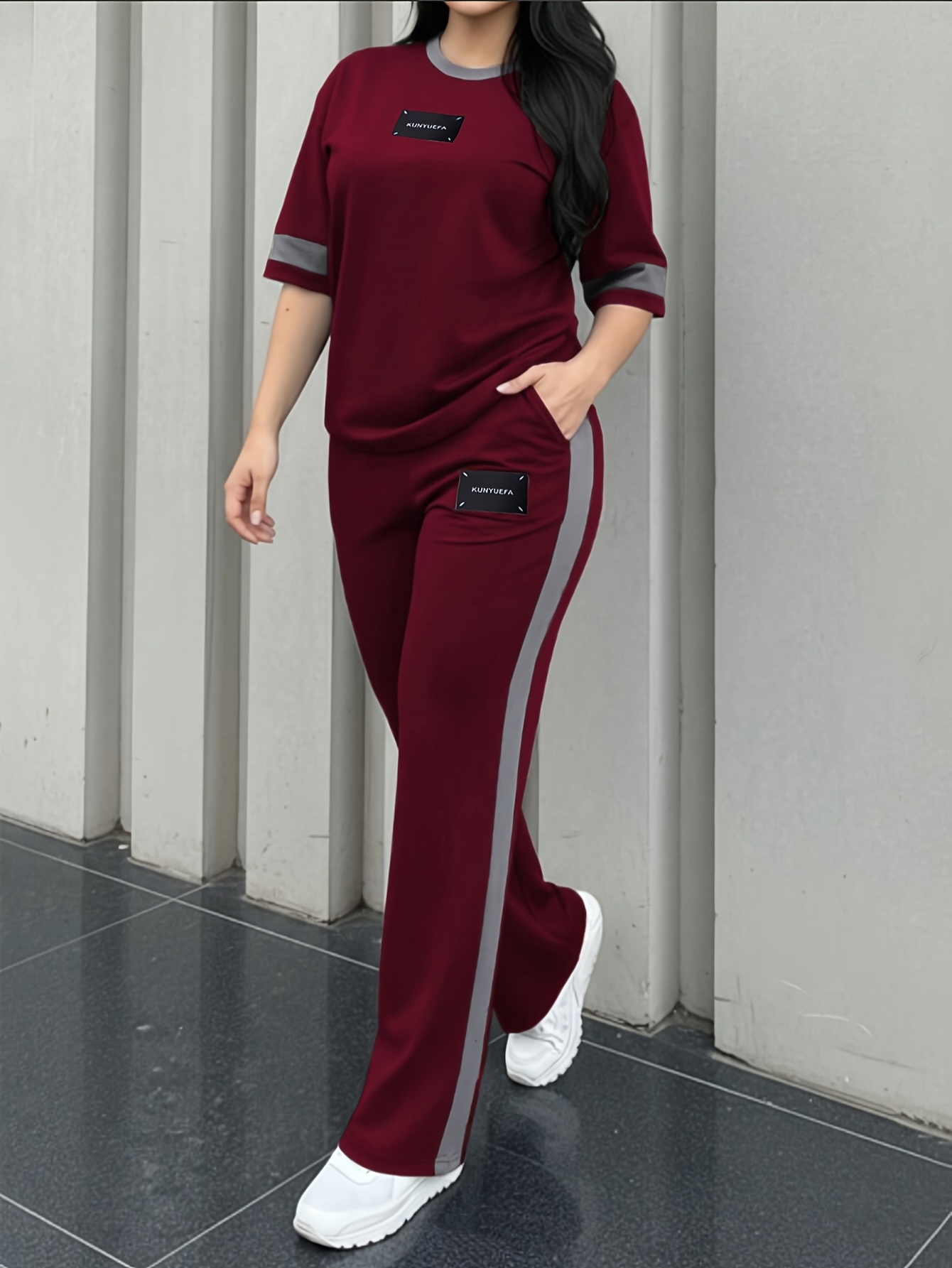 Women's New Elegant Casual Round Neck Short Sleeve Color Block Patchwork Comfortable T-Shirt and Casual Comfortable Long Pants 2pcs Set LLDX - Image 5