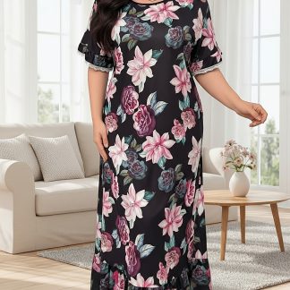 Women's Plus Size Vintage Elegant Style Floral All-Over Print Crew Neck Mid-Sleeve Long Nightgown with Lace Cuffs + Ruffled Hem, Comfortable Dress for Home or Outerwear