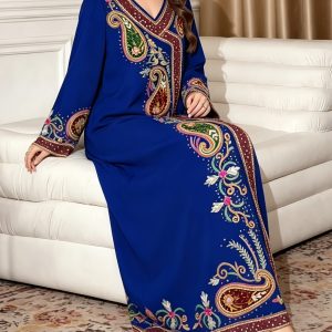 Plus Size - Plus Size - 2026 Middle Eastern Elegant Robe Spring Summer Plus Size Fashion Women'S Ethnic Print Temperament Commute Loose Comfortable Vacation Style Long Sleeve Dress 1