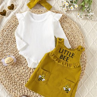 Adorable Long-Sleeve Overall Dress Set for Infants, Featuring a Cute Little Bee And Letter Embroidery, Charming Flutter Sleeves, Lace at The Chest, And a Cute Little Pocket. Perfect for Everyday Play, for Outdoor