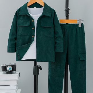 Boys' Autumn Dark Green Solid Color Double Cargo Pocket Fashionable Individual Shirt And Long Pants 2pcs Set, for Outdoor