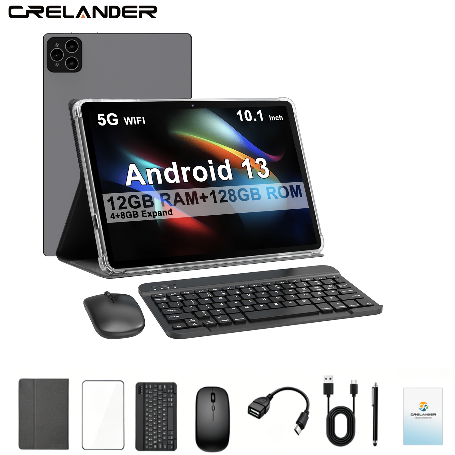 CRELANDER 10.1" Tablet PC with 4G LTE, 12GB (4+8) RAM, 128GB ROM, 2.4G/5G Wifi, Dual Camera, Keyboard & Mouse, Stylus, 1TB Expandable Storage, 5MP+13MP Camera, Battery, Tablet, Pad, Tablet for Android, Android Tablet, Tablet, Pad