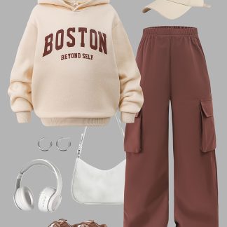 Autumn/Winter 2pcs Set for Big Kids: Casual Academic Style Apricot Pullover Sweatshirt with Contrast Letter Print and Loose-fit Wide-leg Pants with Pockets. Suitable for Casual, Trendy, and Cool Streetwear, Perfect for Outdoor