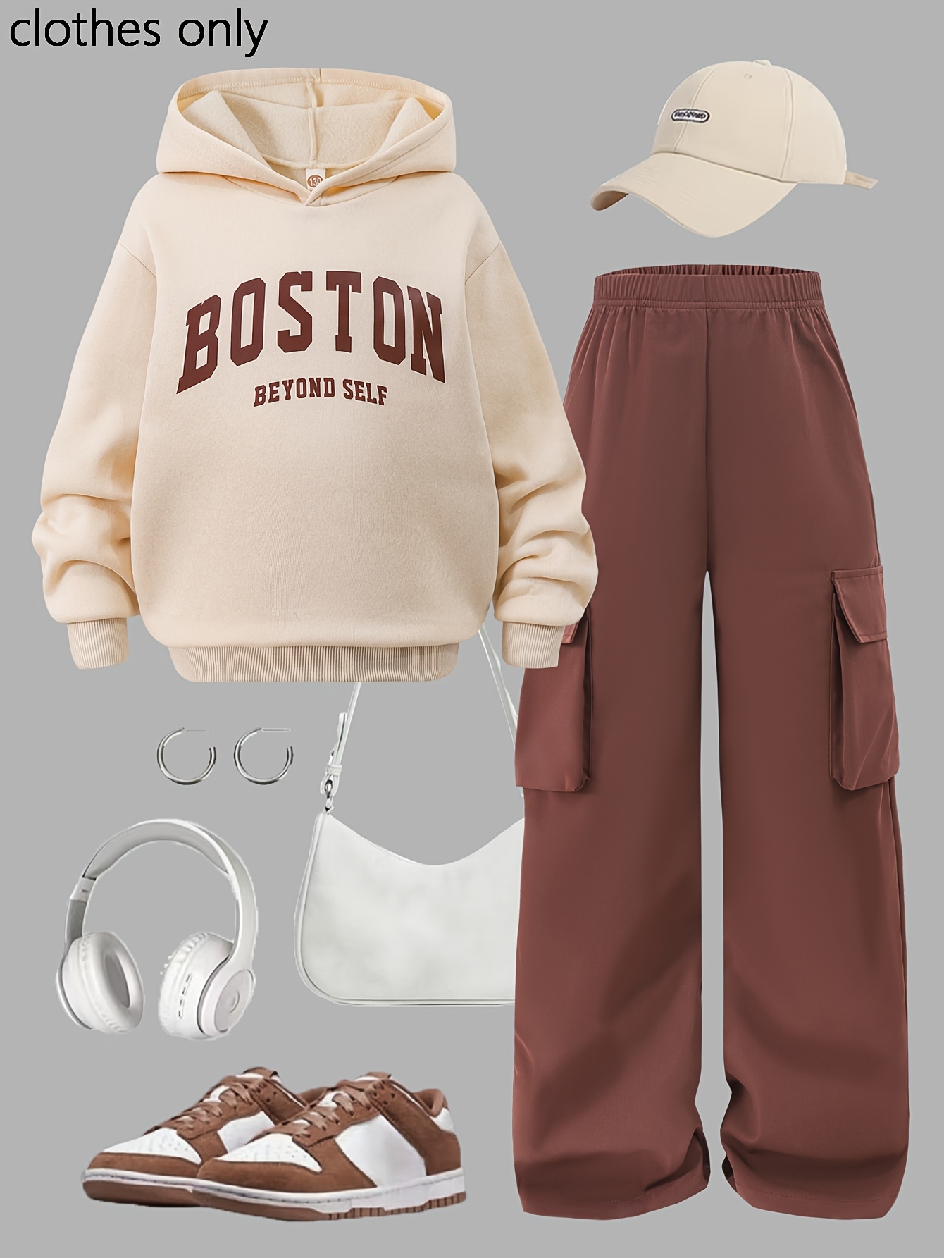 Autumn/Winter 2pcs Set for Big Kids: Casual Academic Style Apricot Pullover Sweatshirt with Contrast Letter Print and Loose-fit Wide-leg Pants with Pockets. Suitable for Casual, Trendy, and Cool Streetwear, Perfect for Outdoor