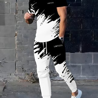 Men's Digital-print, Short-sleeved T-shirt and Sports Drawstring Pants - a Stylish Geometric Black and White Print 2pcs Set.