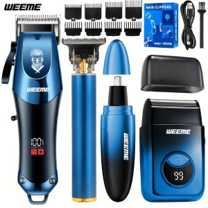 WEEME 4pcs Men's electric hair clipper, nose hair clipper, shaver set - wireless USB charging professional hair clipper set with lithium battery - his ideal gift, hair accessories | modern hair clipper tools | fashionable blue gradient design