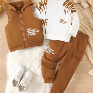 3pcs Fashion Letter Set, Sleeveless Hooded Letter Vest, Letter Print Top, And Side Pocket Letter Print Long Pants, Casual Print Easy Fashion Outfit, Suitable for Spring And Autumn Wear, for Outdoor