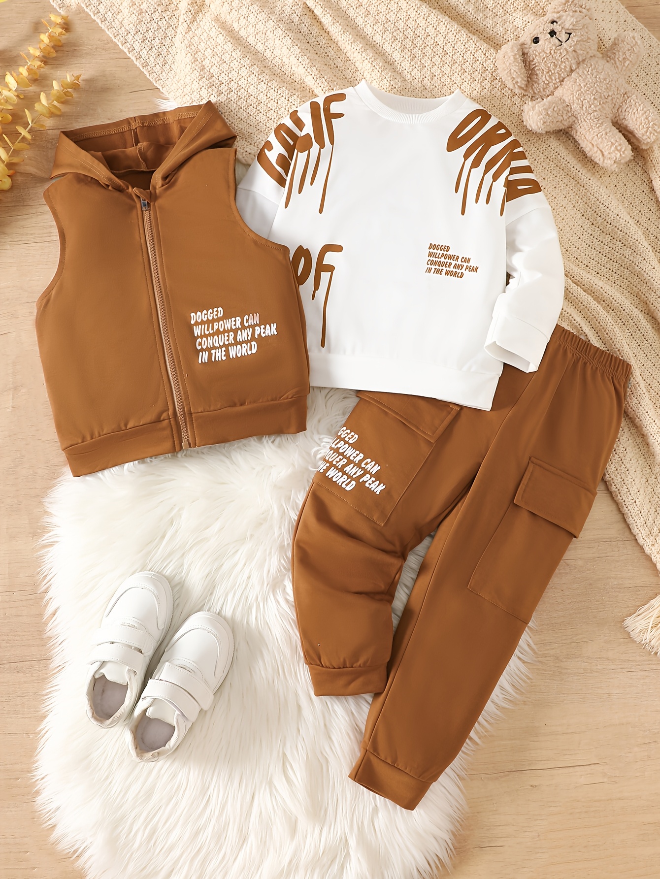 3pcs Fashion Letter Set, Sleeveless Hooded Letter Vest, Letter Print Top, And Side Pocket Letter Print Long Pants, Casual Print Easy Fashion Outfit, Suitable for Spring And Autumn Wear, for Outdoor
