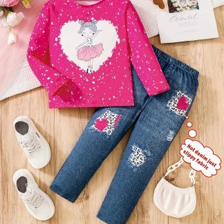 2pcs Ballet Girl Pattern T-shirt Top + Imitation Denim Print Pants Set for Spring and Autumn, Perfect for Outdoor