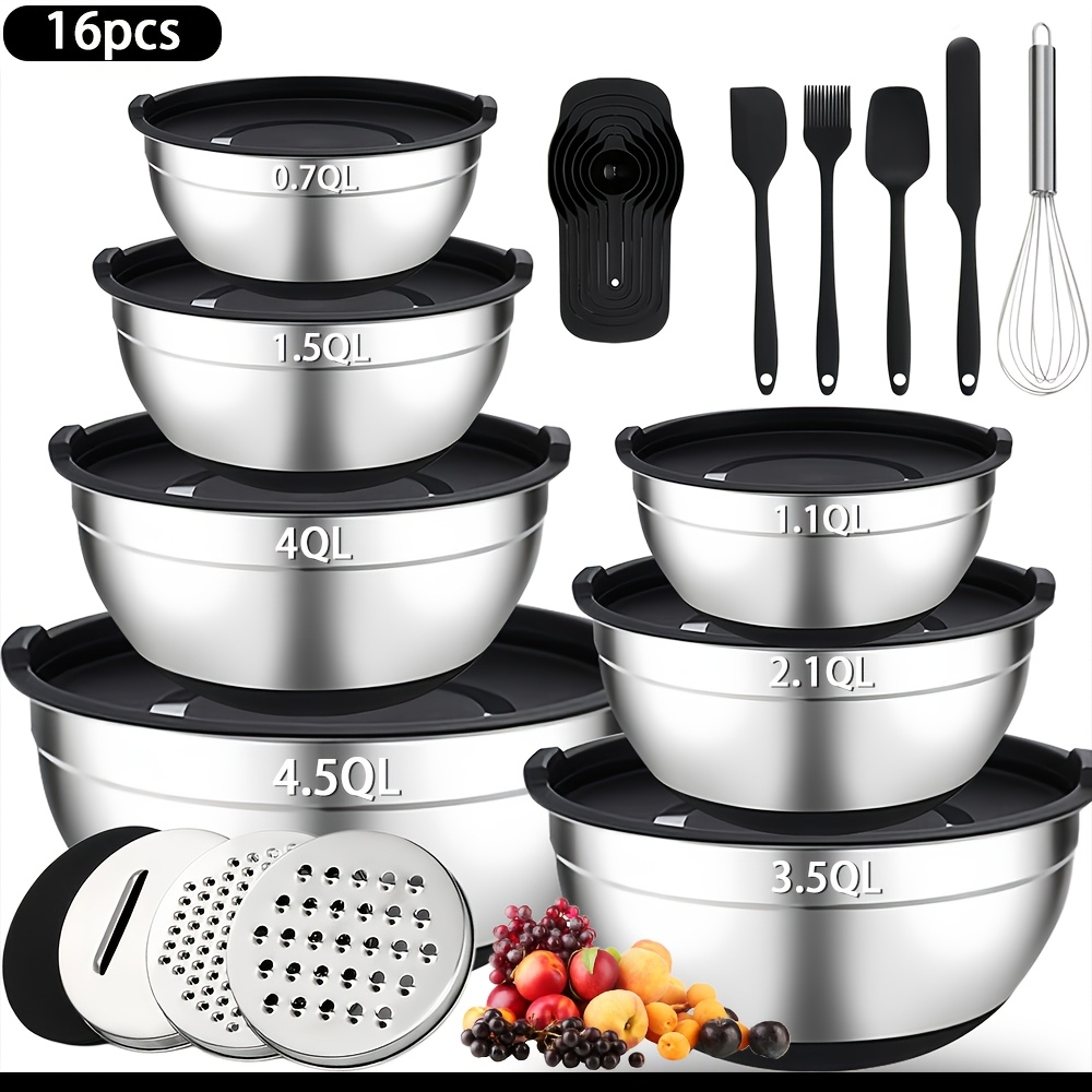 16 Stainless Steel Mixing Bowls with Black Lids And Kitchen Utensils, Silicone Base, with Shredding Attachment, Nestable, Dishwasher Safe, for Food Storage, Meal Preparation, Making Salads, Etc