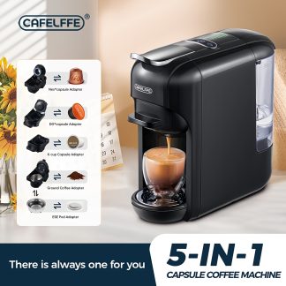 CAFELFFE 5-in-1 Capsule Coffee Maker MK606 | Hot/Cold Brew Espresso Machine, 19 Bar Pressure, Compatible with Nec* Original, DG, Kcup Capsules, ESE Bags, Coffee Powder, 0.6L Water Tank, Energy Saving, Easy to Clean, Anti-rust, Ideal for