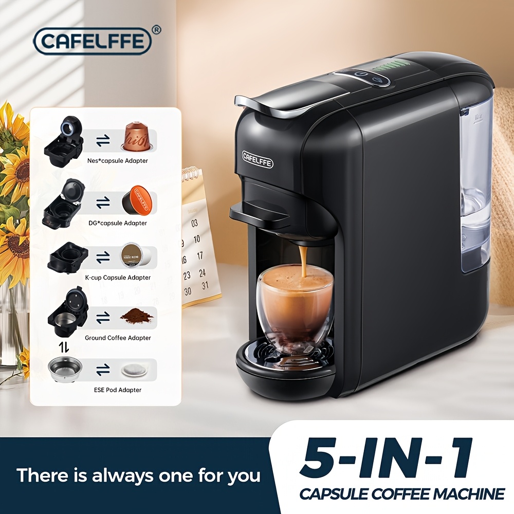 CAFELFFE 5-in-1 Capsule Coffee Maker MK606 | Hot/Cold Brew Espresso Machine, 19 Bar Pressure, Compatible with Nec* Original, DG, Kcup Capsules, ESE Bags, Coffee Powder, 0.6L Water Tank, Energy Saving, Easy to Clean, Anti-rust, Ideal for