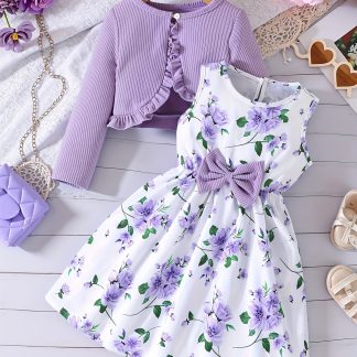 Girls' Clothing for Spring, Summer, And Autumn Featuring a Cardigan And a Print Dress, Perfect for Back-To-School Season And Stylish Campus Outfits in a Two-Piece Set