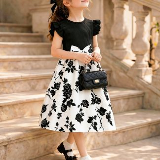Girl's Black and White Color-block Dress, Ribbed Puckered Bubble Short-sleeve Top, High-waisted with a Large Bow Belt, White A-line Puffy Skirt with Black Rose Print, Sweet Princess Style, Suitable for Parties/birthdays/school/daily Wear, Comfortable