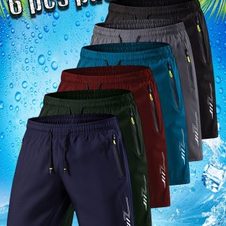 6pcs Set of Men'S Quick-Dry Fitness Running Shorts - Lightweight Athletic Shorts with an Elastic Drawstring Waist And Zip Pockets - Suitable for Summer Swimming, Hiking, Casual Wear, And Workout Training, Featuring a Geometric Pattern Design