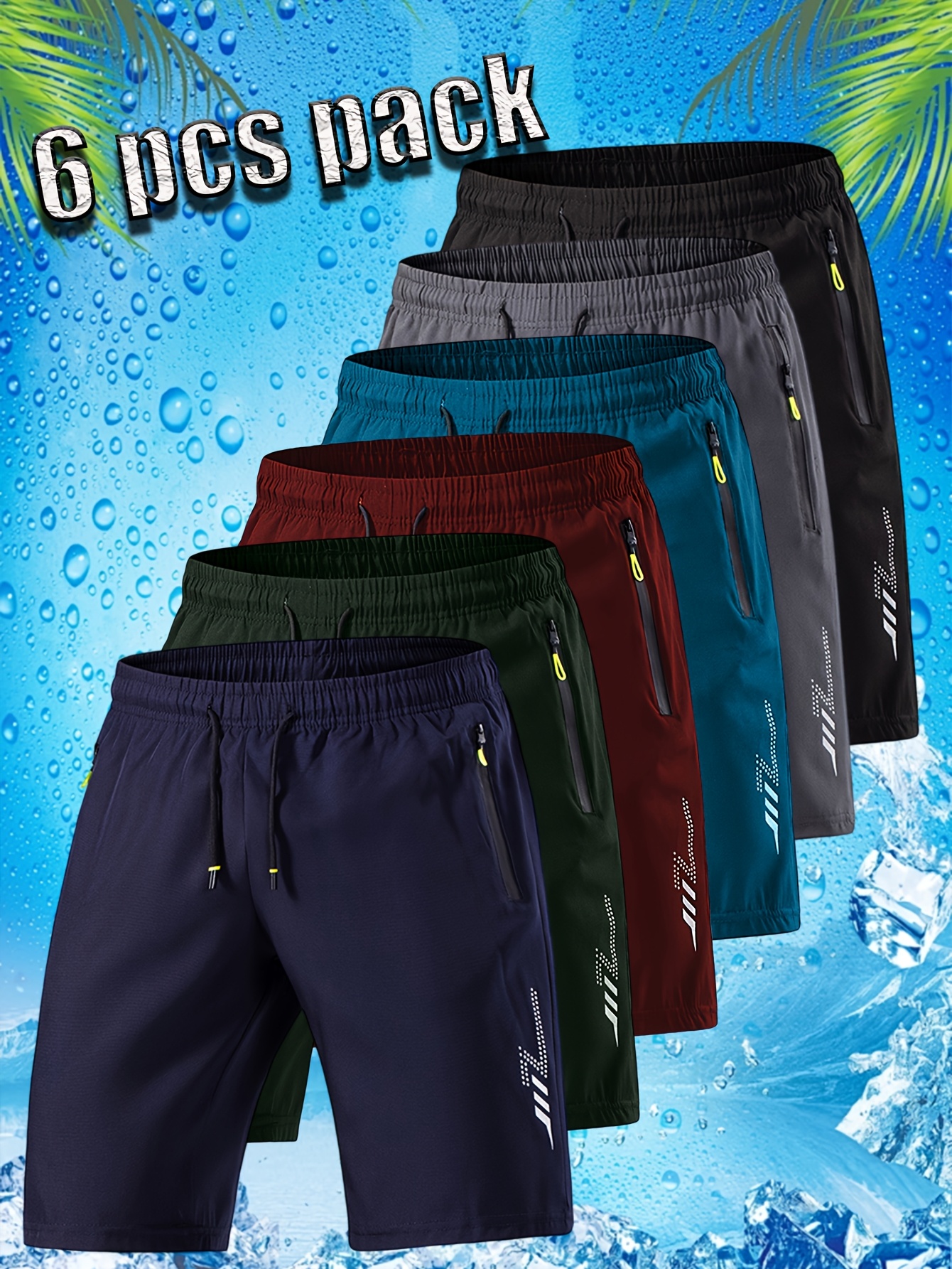 6pcs Set of Men'S Quick-Dry Fitness Running Shorts - Lightweight Athletic Shorts with an Elastic Drawstring Waist And Zip Pockets - Suitable for Summer Swimming, Hiking, Casual Wear, And Workout Training, Featuring a Geometric Pattern Design