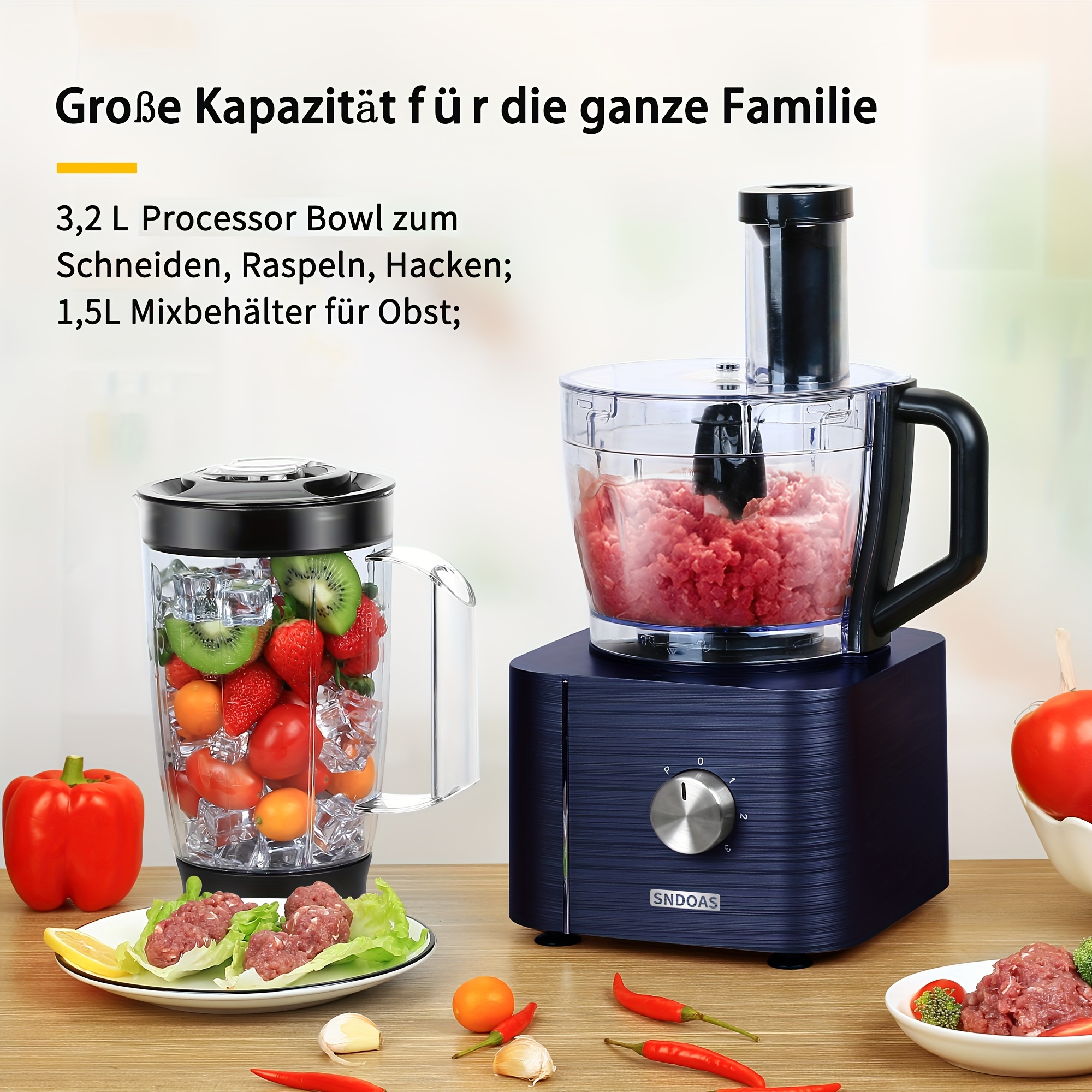 Food Processor 11-in-1 with Chopping Blending Kneading Grinding Whisking Juicing, 1100W, 3 Speeds Plus Pulse, 3.2L Bowl and 1.5L Jug Blender - Image 4