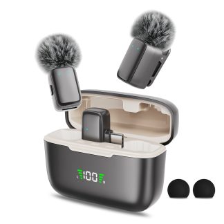 2 Wireless Lavalier Microphones for Smartphones with Charging Case Clip-On Lavalier Microphone Wireless for Video Recording, Vlogging, Interviews