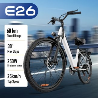 URLIFE E26 White Adult Electric Bicycle 48V 10.4Ah Detachable Lithium Battery 250W Brushless Motor 26X1.95 All-Terrain Tire 60Km Range 25Km/H Max Speed 7-Speed F/R Disc Brakes Multi Damping LCD W/Rear Rack Light Set City Commute Outdoor Gift Choice