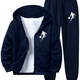2pcs Boys' Casual Zip-Up Hoodie And Jogger Pants Set, Basketball Player Print Fashion Athletic Outfit, Fall Winter Kids Fleece Suit for Jogging And Casual Wear, for Outdoor
