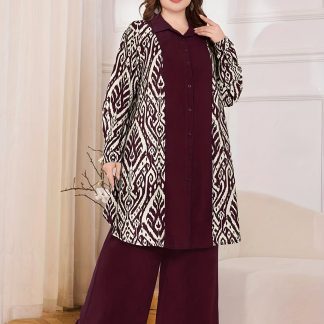 Plus Size, Plus Size 2pcs Set, Casual Women's Floral Print Shirt Cardigan + Wide-Leg Pants, Button Design, Elastic Waist, Elegant and Stylish, Comfortable for Outings, Shopping, Parties, Walking, Daily Wear, Commuting, Machine Washable