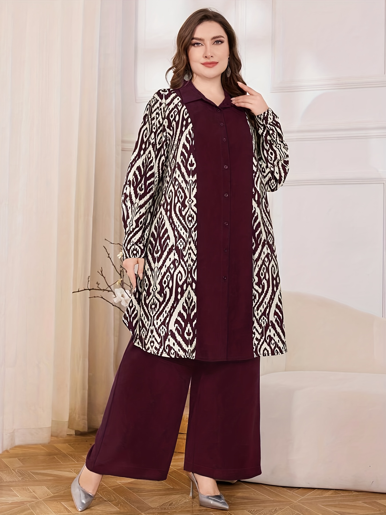 Plus Size, Plus Size 2pcs Set, Casual Women's Floral Print Shirt Cardigan + Wide-Leg Pants, Button Design, Elastic Waist, Elegant and Stylish, Comfortable for Outings, Shopping, Parties, Walking, Daily Wear, Commuting, Machine Washable
