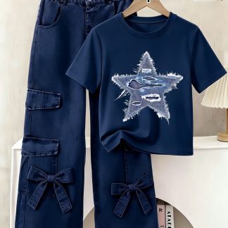 Printed Design - Non-Textured 2D Printing 2026 New Y2K Vintage Sweet & Cool Girls' Short Sleeve Imitation Denim Ripped Hem Star T-Shirt, Single Piece
