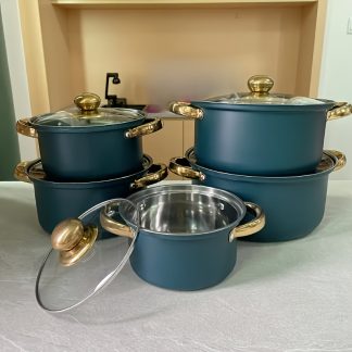 The Set of 5 Stainless Steel Utensil Sets Includes 5 Pots And 5 Lids with Golden Handles. Suitable for Electric Stoves And Outdoor Camping, And Safe for Dishwasher Use — Ideal for Healthy Cooking