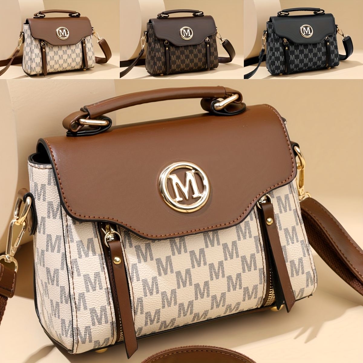 Women'S Fashion Old Flower Elegant Letter Pattern Decoration Crossbody Bag, Large Capacity Academy Style Color Matching Design Shoulder Bag, Multi-Pocket Multi-Zipper Tote Bag, Multi-Functional Handbag Suitable for Work, Shopping And Dining - Image 3