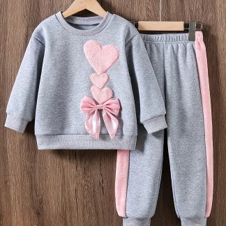 Girls' 2pcs Outfit, Casual Round Neck Long Sleeve Top, Heart And Bow Embroidery, Ribbed Knit Polyester, Non-Stretch Knit Fabric, Regular Fit, Elastic Waist Pants, Fall Winter Fashion, Casual, Outdoor, Party, Sports Comfortable, Suitable for Outdoor