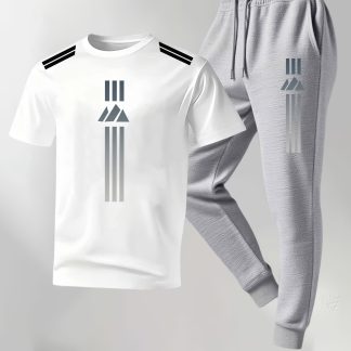 Men'S Short Sleeve And Long Pants 2pcs Set, Sharp Contrast Shoulder Strap with Gray Tonal Gradient Line Print, Self-Contained Fresh And Sharp Athletic Feel, Loose And Non-Constricting Fit Suitable for Light Exercise, Daily Commute