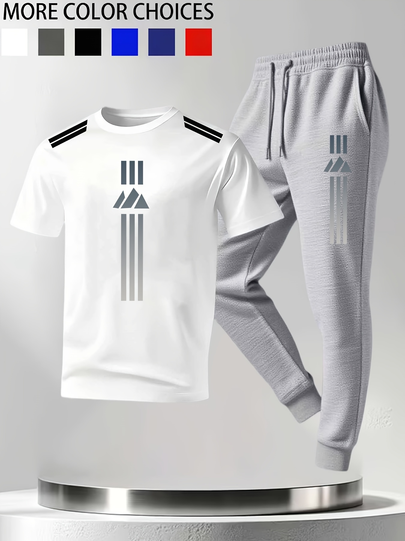 Men'S Short Sleeve And Long Pants 2pcs Set, Sharp Contrast Shoulder Strap with Gray Tonal Gradient Line Print, Self-Contained Fresh And Sharp Athletic Feel, Loose And Non-Constricting Fit Suitable for Light Exercise, Daily Commute