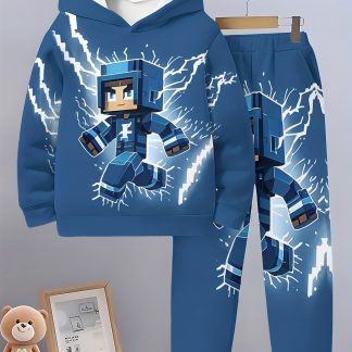 Boys' Two-Piece Casual Long Pants Set with Cool Cartoon Print Design, Fashionable 3D Printed Casual Pullover, Long-Sleeved Sport Shirt for Spring And Autumn, Boys' Outdoor Hoodie Set, for Outdoor