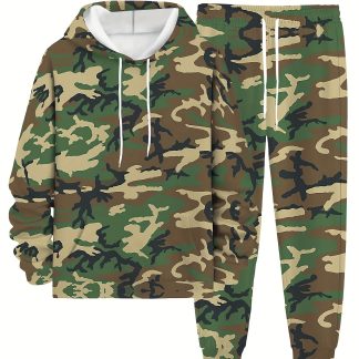 Men'S 2pcs Set Featuring a Long-Sleeve Hooded Sweatshirt And Jogger Pants, Designed with a Full Camouflage Print for Casual Wear, Suitable for Spring, Autumn, And Winter Outdoor Activities