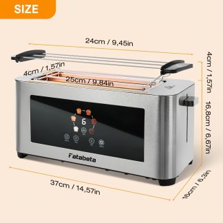 Toaster Bread Toaster 1400W, Toaster Stainless Steel, LCD Touch Display, 2 Wide Toast Slots, 4 Slices Toaster, 7 Browning Levels, with Bun Warmer, Removable Crumb Tray