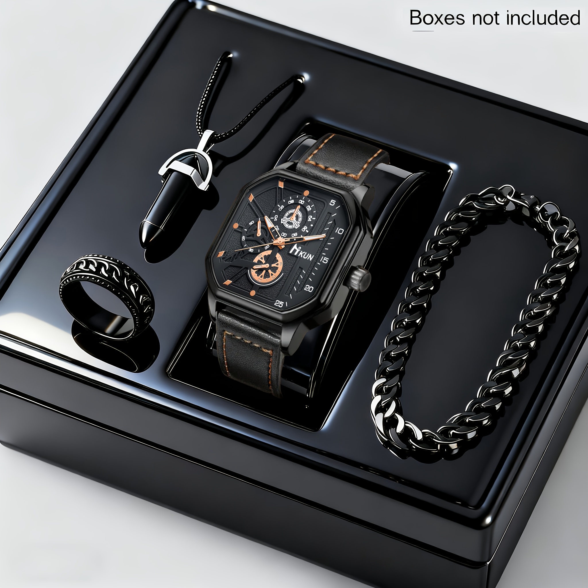 4pcs Men's Fashionable and Elegant Watch Set with Versatile Bracelet, Ring, and Necklace - The Perfect Gift for Him on Father's Day or Birthday