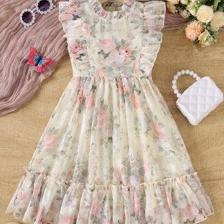 4-7 Years Old Girls' Novelty Mesh Skirt with Floral Print and Scalloped Trim, Featuring Flutter Sleeves and Lace Collar. Lightweight and Casual Summer Style, Perfect for Outings, Vacations, and Photo Shoots