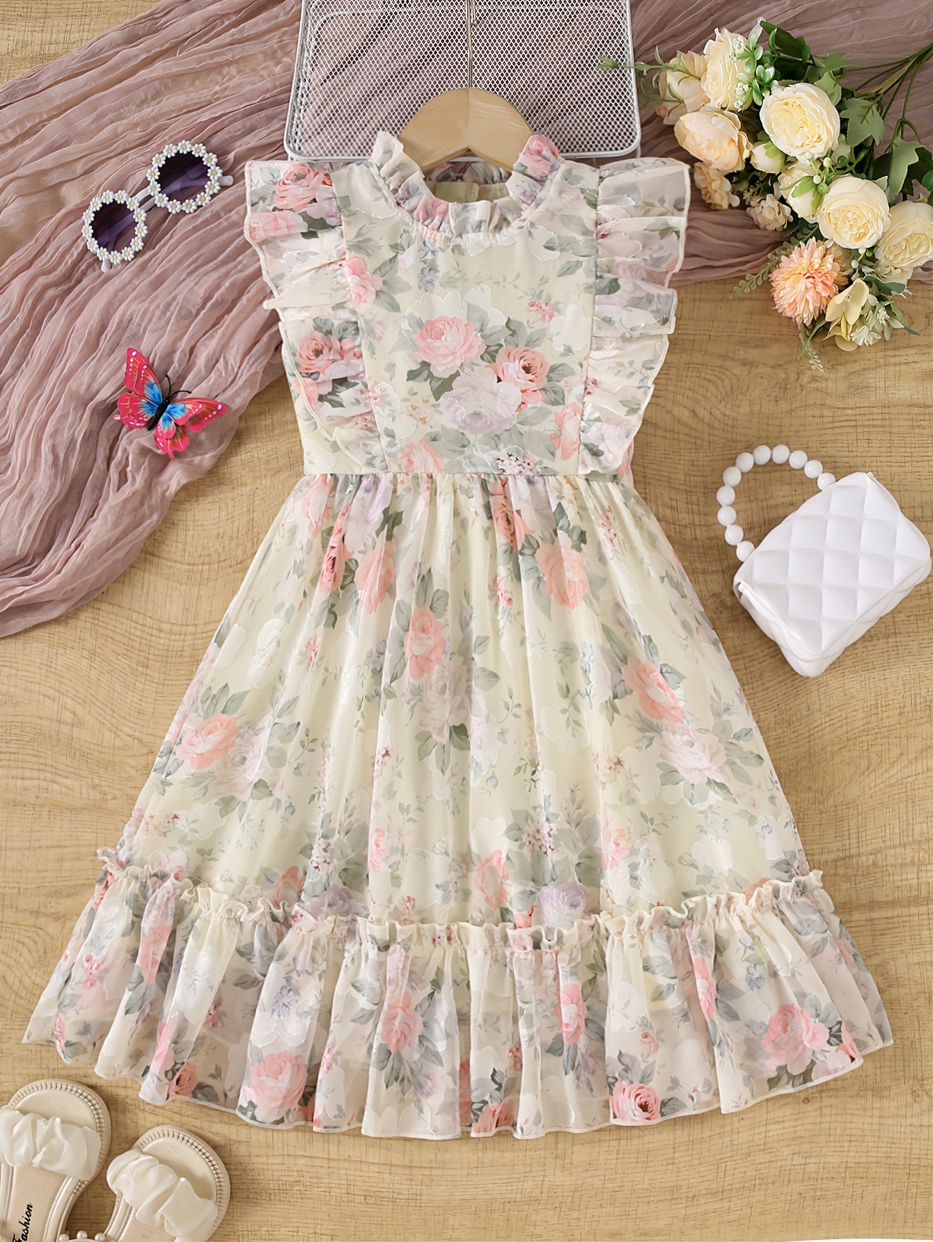 4-7 Years Old Girls' Novelty Mesh Skirt with Floral Print and Scalloped Trim, Featuring Flutter Sleeves and Lace Collar. Lightweight and Casual Summer Style, Perfect for Outings, Vacations, and Photo Shoots