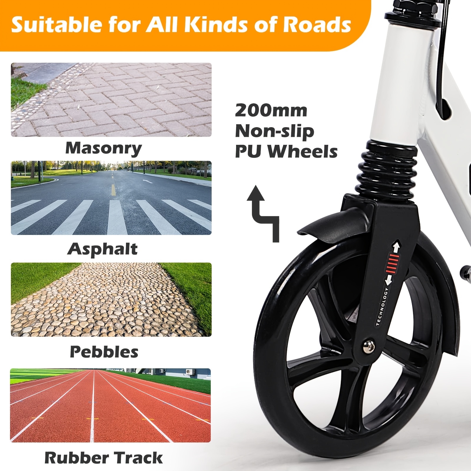 Adult Kick Scooter, Non-Motorized with 200 Mm Large Wheels, Features Disc Brakes, Back Strap, And Double Suspension, Foldable Design, Without Battery - Image 8
