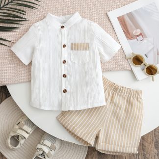 Boys' Shorts Set: Stand Collar Solid Color Jacquard Texture Short Sleeve Shirt Top and Striped Cuffed Shorts Summer 2pcs Set, Perfect for Outdoor