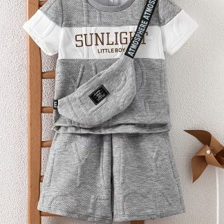 3pcs Boys Summer Outfit Set - Letter Print Color Block Short Sleeve T-Shirt And Shorts Crossbody Bag, Handsome And Stylish Casual Kids Outfit, Soft And Comfortable for Multi-Occasion Wear, for Outdoor