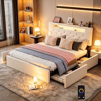 White Clad Bed, Double Bed 140x200cm with 4 Drawers Leather Bed Frame with Light Strip And USB Port, Bluetooth Music Mode Adjustable Lighting, Easy Assembly, Wooden Support Board