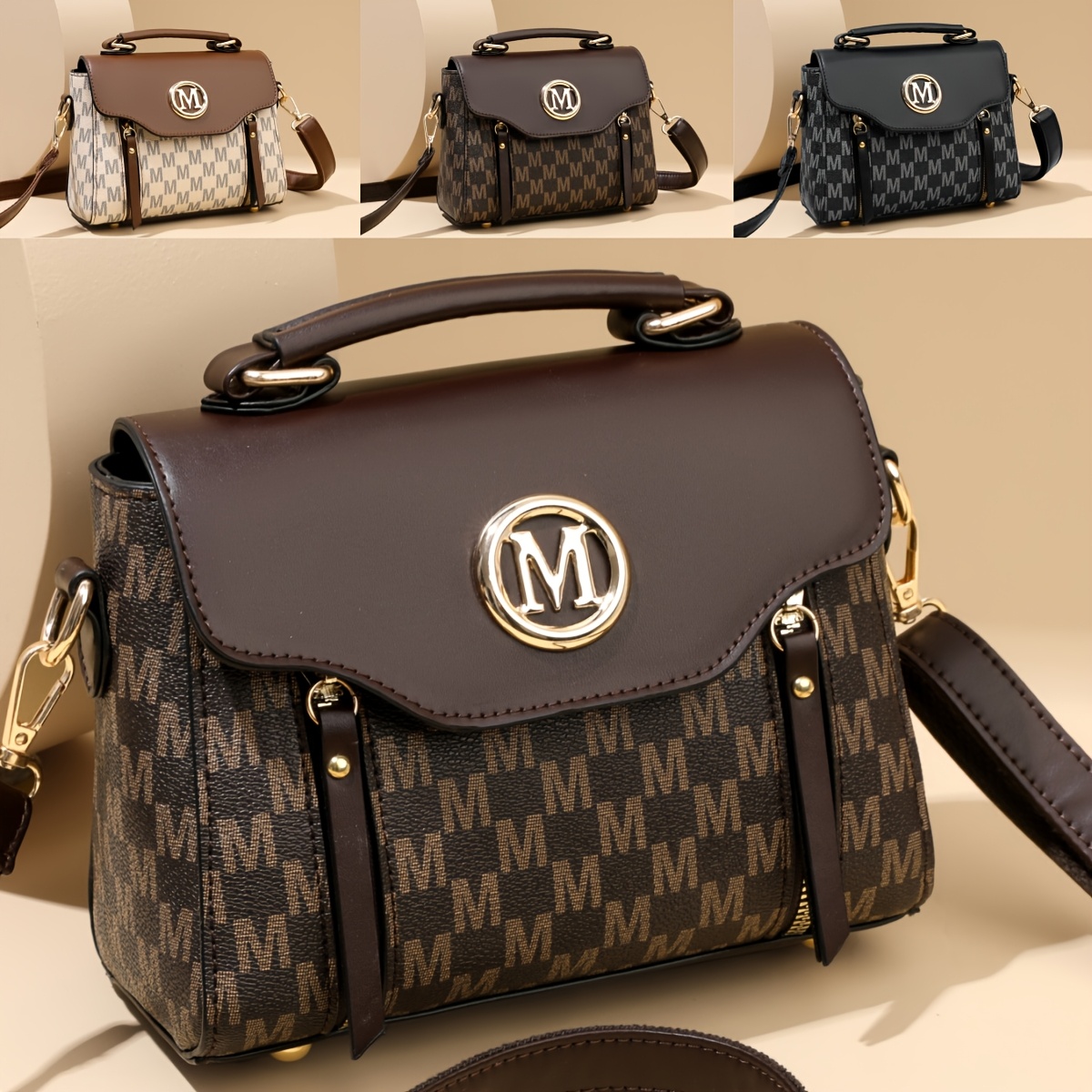 Women'S Fashion Old Flower Elegant Letter Pattern Decoration Crossbody Bag, Large Capacity Academy Style Color Matching Design Shoulder Bag, Multi-Pocket Multi-Zipper Tote Bag, Multi-Functional Handbag Suitable for Work, Shopping And Dining