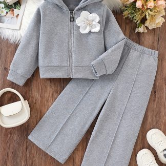 2Pcss Girls' Autumn Winter Long Pants Set, Kids Winter Fleece Thick Trendy Long Sleeve Hooded Zipper Sweater Jacket And Pleated Design Trousers 2Pcss Outfit, Little Girl Winter Outdoor Street Casual Wear, for Outdoor
