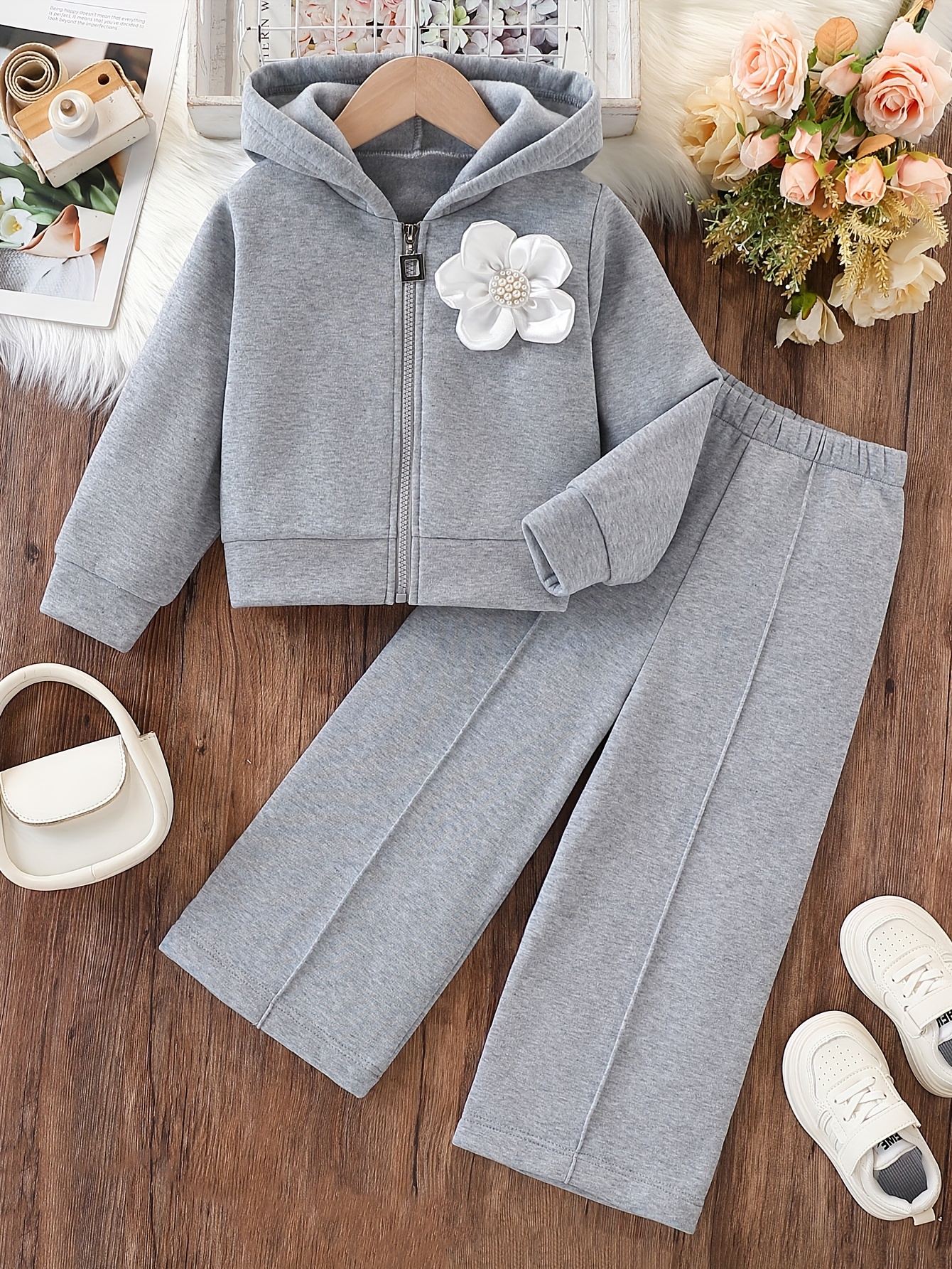 2Pcss Girls' Autumn Winter Long Pants Set, Kids Winter Fleece Thick Trendy Long Sleeve Hooded Zipper Sweater Jacket And Pleated Design Trousers 2Pcss Outfit, Little Girl Winter Outdoor Street Casual Wear, for Outdoor
