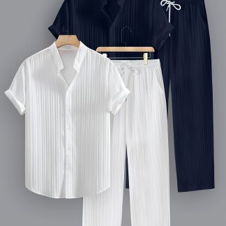 Men's Summer Set with 2 Color Options. Polyester Striped Casual Set - Short Sleeve Lapel Shirt and Drawstring Pants, Non-Stretch Fabric, Regular Fit for Daily and Beach Wear, Beachwear | Casual Summer Wear | 1pc Short Sleeve Shirt + Long Pants Set.