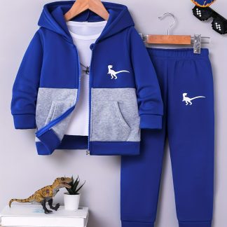 2pcs Boys' New Fashionable Hooded Zip-up Jacket and Long Pants Set, Featuring a Color Block Patchwork Design with Small Dinosaur Prints. This Autumn/winter Sporty Style Children's Thickened Set Is Suitable for Outdoor Sports and Daily Wear