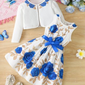 A 2pcs Spring And Summer Outfit Featuring a Sweet Waffle-Patterned Cardigan And a Rose-Patterned Dress with Bow Decoration, Perfect for Everyday Outdoor Wear, School, Parties, And As a Gift for Children