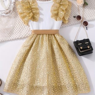 Girls' Sleeveless Golden Floral Mesh Shiny Pattern Dress, Court-Style Dress, Suitable for Weddings, Outdoor Vacations, Family Parties, Daily Outings, Summer Must-Have