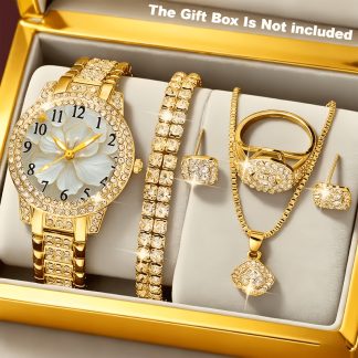 7pcs Women's Quartz Watch. Conceptual Decorative Dial Fashion Wristwatch. Comes with Bracelet, Necklace, Ring and Earrings Set. Suitable As Birthday Gifts and for Parties. Suitable for Ladies and Students.
